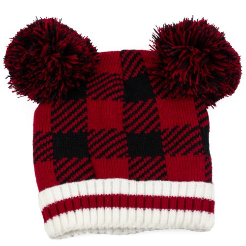 Kids Buffalo Check Winter Toque with Double PomPoms