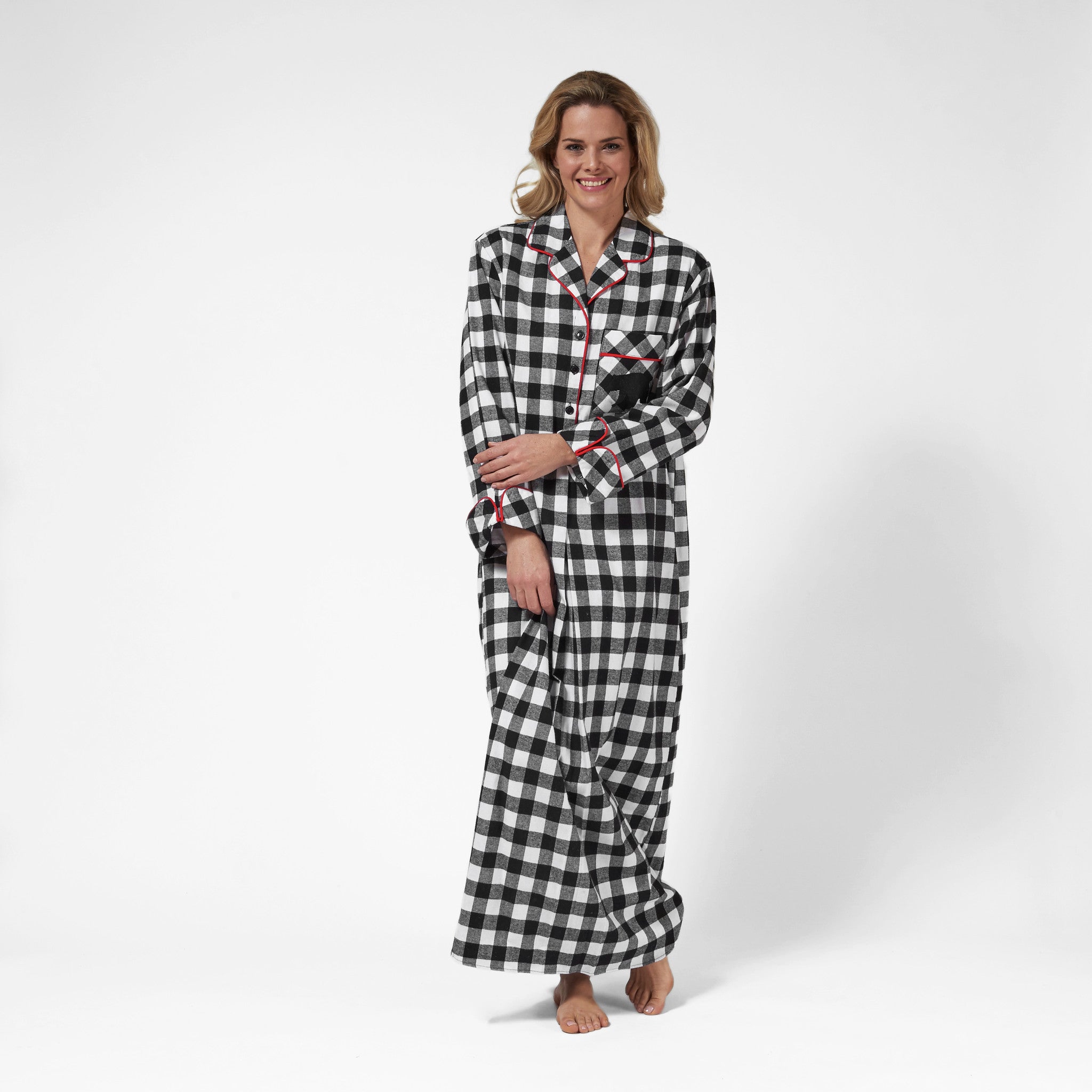 Rocky Mountain Flannel Long Flannel Nightshirt with Bear Logo in Large Buffalo Check Front View