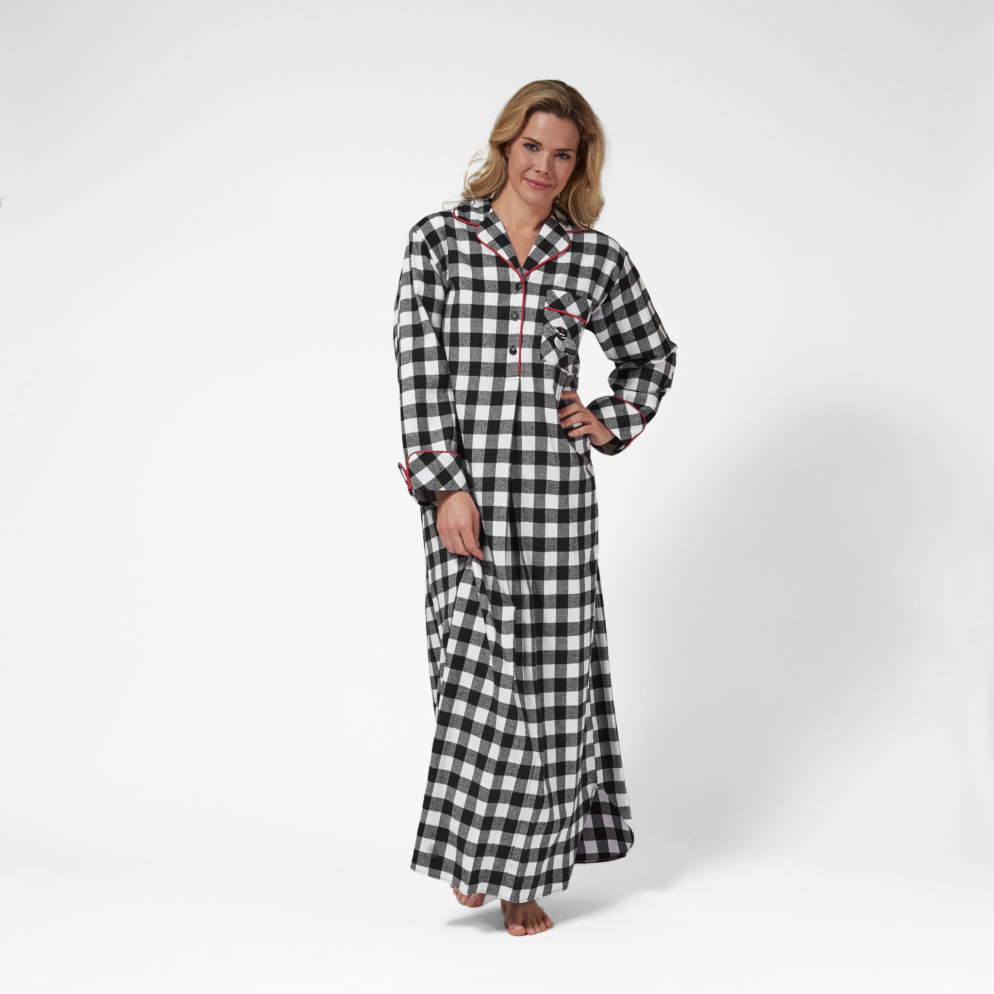 Rocky Mountain Flannel Long Flannel Nightshirt with Loon Logo in Large Buffalo Check Front View