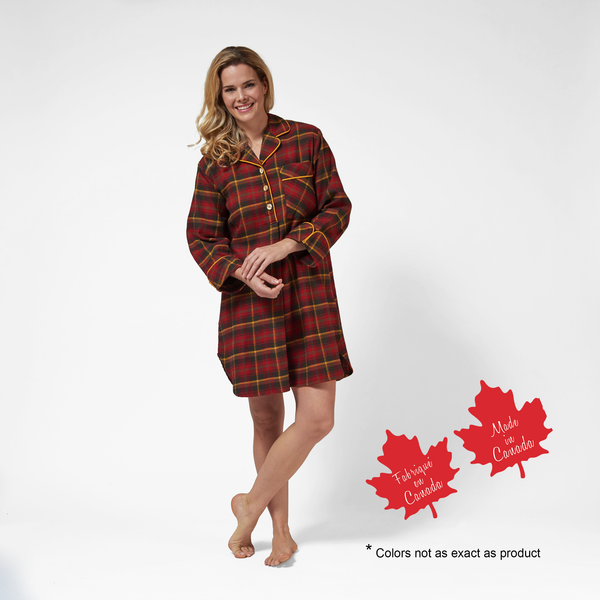 1001 / Woman's Knee Length Flannel Nightshirt in Maple Leaf Tartan Made In Canada