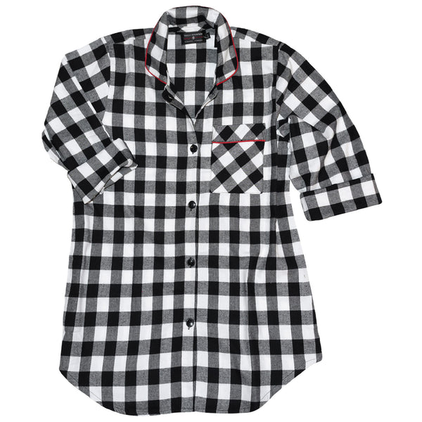 115 / Easy Fit Flannel Nightshirt / Black and White Buffalo Check