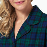 Rocky Mountain Flannel Long Flannel Nightshirt in Black Watch Neckline View. made in Canada