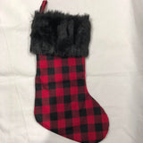 Red Black Buffalo Check with Black Fur Christmas Stocking